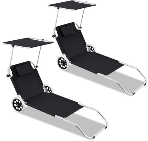 Yakimz Sonnenliege Liegestuhl, 2X Gartenliege Strandliege Klappbar mit Sonnenschutz 2 Rädern, Campingliege Faltbar Kippliege, Rollen Strandliege Verstellbare Rückenlehne, Schwarz