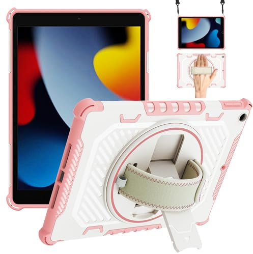 Junfire Funda para iPad de 9ª generación, funda para iPad de 10.2 pulgadas, resistente a los golpes con soporte giratorio, soporte para lápices, correa de mano y hombro, cubierta protectora para niños