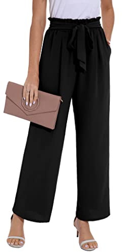 PrinStory Pantalon d'été léger à jambe large avec poches et taille élastique pour femme
