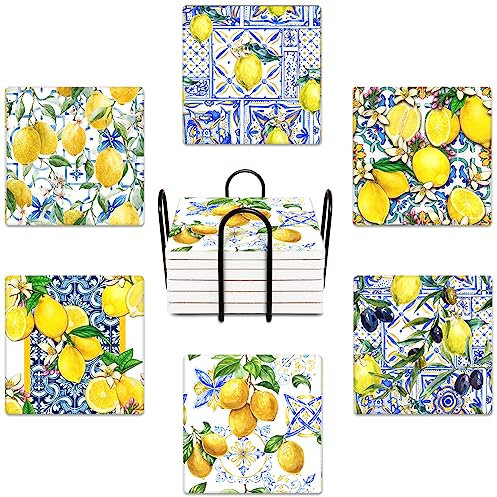 Bribay Coasters for Drinks Set of 6, Yellow Lemon Fruit Blue Ceramic Tiles Pattern Absorbent Square Ceramic Stone Mat, with Cork Base and Metal Holder, Gift for Housewarming Room Bar Decor
