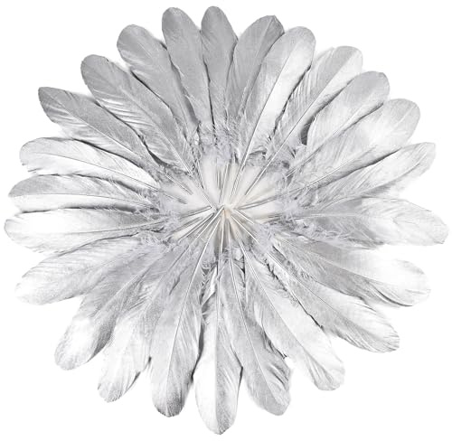 FeelfunFeather 120pcs Silver Goose Feathers 6-8 Inch 15-20cm Decorative Natural Goose Nagoire Feather Bulk for DIY Crafts Cosplay Wedding Party Christmas Halloween Home Decoration