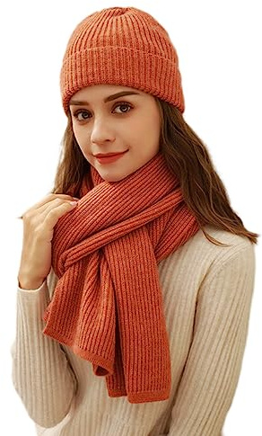 Dam vinter stickad mössa halsduk set leopard mössa hatt halsvärmare skidmössa, Orange, en storlek