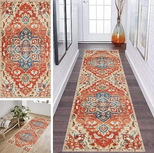 ZDYHMrj Läufer Teppich Flur Küche Waschbar rutschfest 40 * 160cm, Marokko Boho Style Rot Lang Teppichmatte Dauerhaft Fur Korridor Wohnzimmer Schlafzimmer Meterware Anpassbar