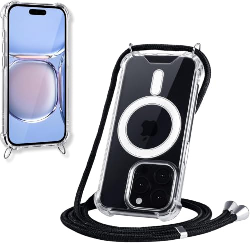 JProtect für iPhone 15 Pro Max Hülle mit Band und MagSafe – Magnetische Handykette für iPhone 15 Pro Max Magnet – Durchsichtige Umhängehülle Band Schwarz – Kette Handyhülle für MagSafe Zubehör