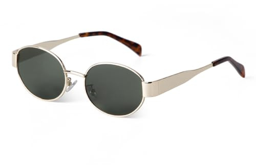 Laurinny Trendy Oval Sunglasses for Women Men Retro 90s Metal Frame Sun Glasses Shades(Gold/Green)