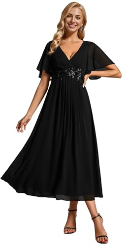 Ever-Pretty Vestito Donna Elegante Abito Cerimonia Donna con Applique e Collo V Midi Maniche a Volant Chiffon Stile Impero Nero 50