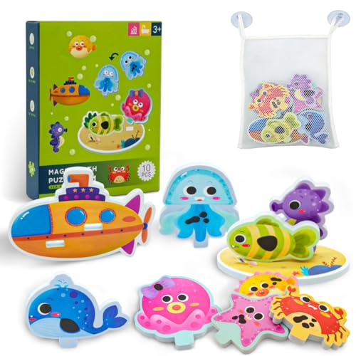 METODIM Jouet de Bain Bébé, Animaux Jouets Flottants avec Filet de Rangement, 10 Pièces Jouet Puzzle Éducatif, Jeux Bebe à Couleurs Changeantes, Jouets Montessori Enfant 1 2 3 4 Ans