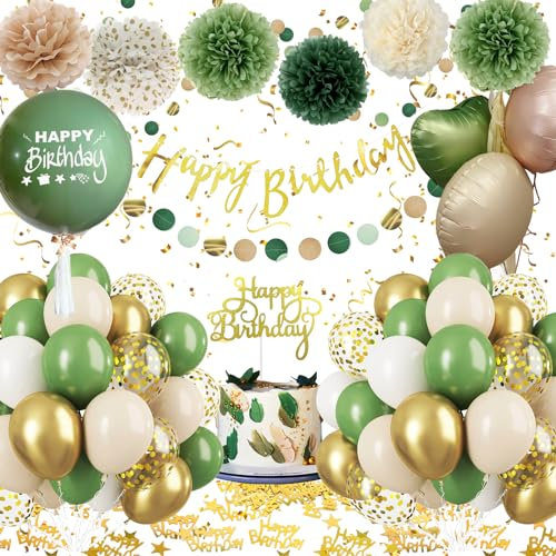 Birthday Decorations for Girls Women,Sage Green Balloons Party Decorations with Happy Birthday Banner Foil Balloon,Paper Pompons for Baby Boy Men