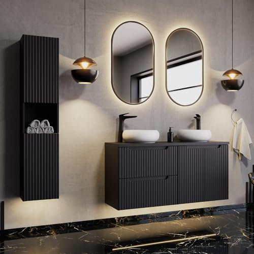 Lomadox Badmöbel Komplett Set schwarz gerillt 120cm Doppel-Waschtisch mit Keramik-Waschbecken 2 LED-Spiegel Hochschrank