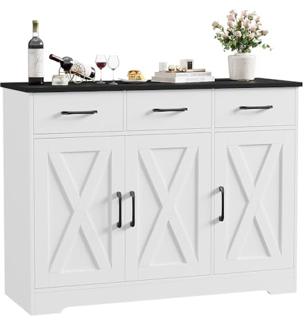 HOSTACK Modern Farmhouse Buffet Sideboard Cabinet, Barn Doors Storage Cabinet with Drawers and Shelves, Wood Coffee Bar with Storage for Dining Room, Kitchen, Living Room, White/Black