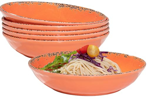 ZAROCRUS Farmhouse Melamine Pasta Bowls set, 42 OZ Large Fruit Bowl, Lightweight and Unbreakable Salad Serving Bowl, Set of 6, 9.25 inch Wide and Shallow Dinner Bowls, Dishwasher Safe,Orange…