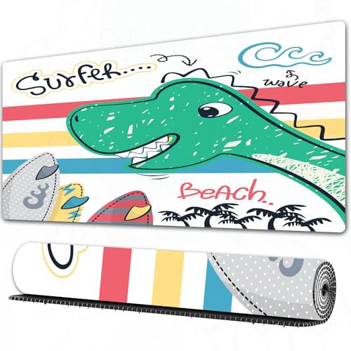 EOMKSE Mauspad Verlängertes großes Mauspad Schreibtischauflage,genähte Kanten Mauspad,Gummibasis,Surfer-Dinosaurier-Cartoon mit Surfbrettern am Strand Illustrationsvektor-T-Sh,Gaming-Mauspad,40x75 cm