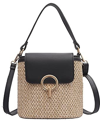 QiaoJun Korbtasche,Korbtaschen Damen Stroh Schulter Messenger Bags Damen Designer Luxus Woven Bucket Tasche Sommer Strand Strohbeutel Weibliche Handtasche(Black)