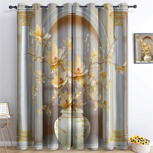 Verdunkelungsvorhänge Goldene Magnolie Mit Ösen Thermovorhang Hitzeschutz Gold Blickdicht Vorhänge mit Ösen Gardinen Deko Ösenvorhang Dekoschal H214 x B91.5 cm (2er Pack)