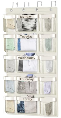 VERONLY Wochenplaner Hängeorganizer für Kinder | Tür Organizer Wochenlicher Kleiderspender mit Montag-Freitag Etiketten | Hängeaufbewahrung für Unterwäsche, Socken & Kleidung | Weiß (145x59,5cm)