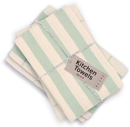 MEEMA Kitchen Towels and Dishcloths Sets of 4 | Large 18 x 28 Inch | Upcycled Cotton Tea Towel | Super Absorbent Cotton Dish Towels for Kitchen | Green Stripes | Hand Towels