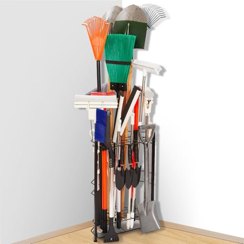 Garten-Werkzeug-Organizer für Ecken, hält 35 Werkzeuge mit langem Griff, Rechen, Besen, Schaufeln für Garagenorganisation und Lagerung, Schuppen, Outdoor, Rasen, robuster Stahl, schwarz, einfache