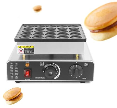 Commercial Dorayaki Waffle Maker, 850W 25 Holes MINI Stainless Steel Pancake Maker, 50-300℃ Adjustable, 0-5min Timer, Non-stick Pan, for Snack Bars, Restaurants, Hotels