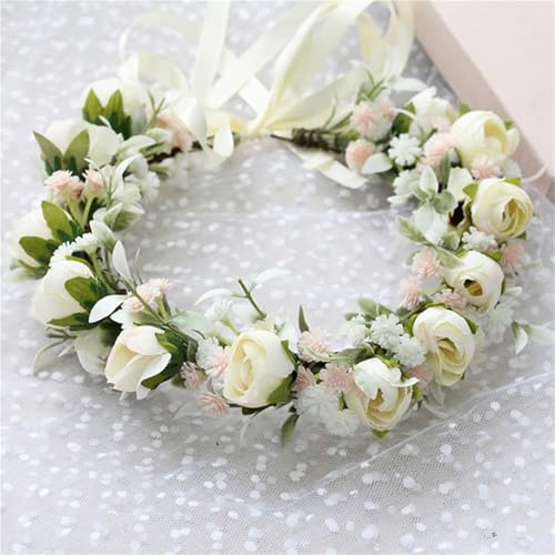 Couronne de fleurs rose réglable avec ruban pour les cheveux, fête de mariage, festival, photos (blanc)