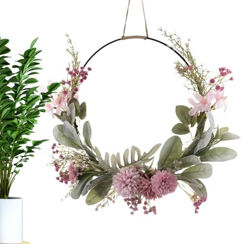 GTFYUDGH 41x41cm Frühlings Girlande, Künstlicher Blumenkranz, Türkranz Dekoration, Rosa Lila Orchidee Chrysantheme Löwenzahn Gypsophila Reifenkranz, Blumenkranz Wanddeko