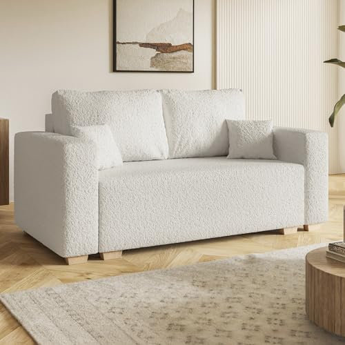 MOTIVENA Viego 2 Sitzer Sofa mit Schlaffunktion, Schlafsofa 160 cm Breit, Sofa 2 Sitzer, 2er Sofa, Sofa Klein, Keine Couch, Schlafsofa 2 Sitzer, Bonellfederkern (H4), Boucle Sofa Milch (Weiß)
