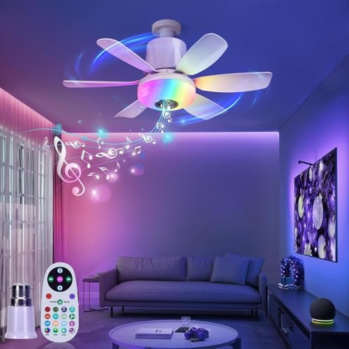 VIMAZ Lights Bulb Ceiling Fan with Bluetooth Speaker and Remote RGB Music, 2026 New White Dimmable Led Fan Light for Bedroom 32W E27 Base 3 Colors 3 Speeds Screw in Ceiling Lamps Socket Fan UK