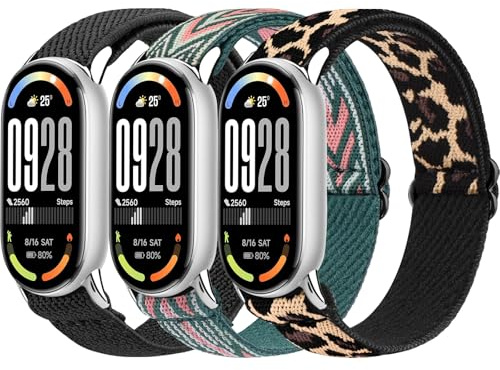 Oumida 3 stycken elastiskt armband för Xiaomi Smart Band 8/9/10 armband för kvinnor och män, robust metallhuvud, förbättrat nylonklockarmband, sport ersättningsarmband för Xiaomi Mi Band 10/9/8