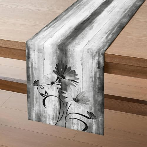Tischläufer Modern Dunkelgrau Blume Deko Tischläufer Outdoor 40 x 180 cm Vintage Küche Tisch Dekoration Table Runner Abwaschbar für Hochzeitsfeier, Geburtstag, Heimdekoration, Feiertags Dekoration