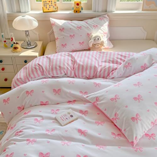 Freyamy Bettwäsche 135x200 Rosa Schleifen Herzen Gestreifte Bettwäsche Set | Mädchen Wendebettwäsche Aesthetic, 2teilig, Microfaser ÖKO-TEX Bettbezug mit Reißverschluss und 1 Kissenbezug 80x80cm