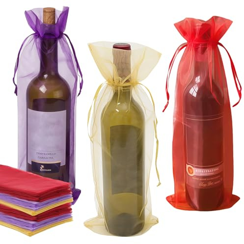50 Stück Organza Flaschentasche: 14x37cm Bunte Organza Weintasche Mit Kordelzug, Flaschentüten Geschenktüten Für Wein, Wiederverwendbare Netz Tüll Wein Für Weihnachten Hochzeit Party