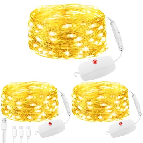 SonPen 3 Stück Mini Lichterkette Wiederaufladbar mit Timer & 8 Modi, 2M 20 LED Kupferdraht Lichterkette Innen mit USB-C Kabel, Warmweiß Kleine Lichterketten für Weihnachten, Hochzeit, Party-Deko