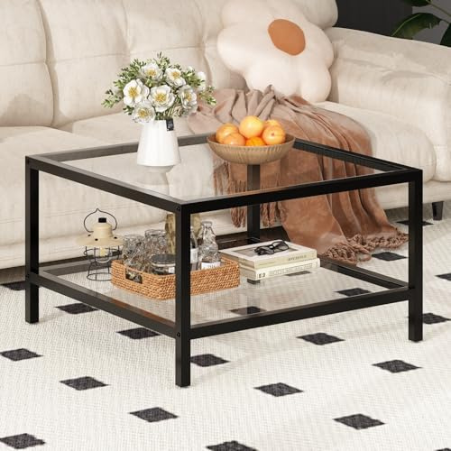 PREMTURE 2-Tier Glass Coffee Table, Square Coffee Table with Tempered Glass Tabletop, Modern Tea Tables with Metal Frame, Center Table for Living Room, Black, 68 D x 68 W x 40 H cm