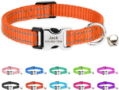 Personalisierter Nylon‑Katzenhalsband, gravierte Schnalle, Orange | Gravierter Name & Telefon;reflektierende Nähte,verstellbares Nylon‑Halsband mit Glocke,für Katzen & Kätzchen,7,5‑12,0 Zoll