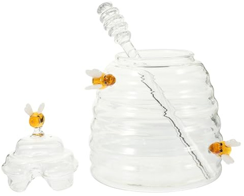 jojofuny Tarro de Miel Transparente de Vidrio Grande con Cucharón Dispensador para Almacenar y Servir Miel o Jarabe Frasco Reutilizable para Cocina y Conservación Segura