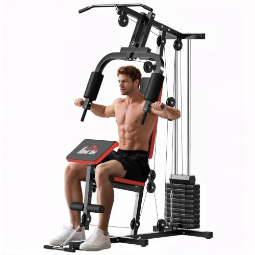 HOMCOM Power Tower mit gepolsterter Sitzfläche und Rückenlehne, Gewichte von 65 kg, Fitnessstation mit Brustpresse, Butterfly, Beincurl, Scheiben und Stange für Klimmzüge und Dips für Home Gym Home