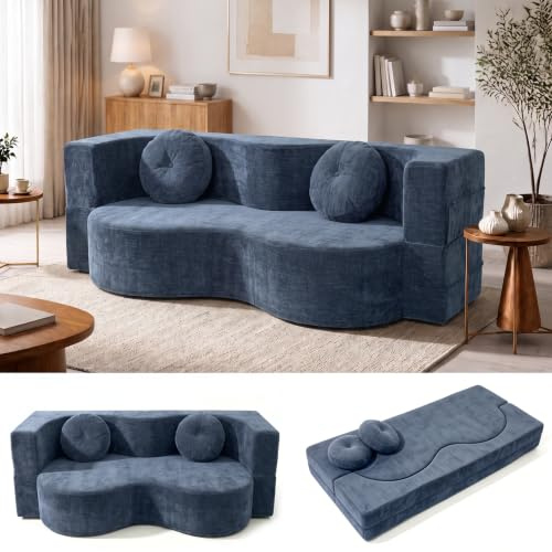 LVRUIEDS Knochenloser Sofa, Umwandlungsbarer Sofabett Für Das Wohnzimmer, Komprimierter Zweisitzer Mit Hochdichtschaum, Abnehmbarer Gewebebezug, Keine Montage 2 Kissen(Blau,150x100CM)