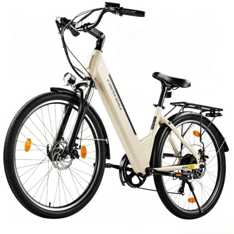 VDL E Bike 26 Zoll Cremeweiß Damen Herren, 48V 10,4Ah Akku, 7-Gang Schaltung, Scheibenbremsen, LED Licht, Federgabel, City E-Bike für Alltag