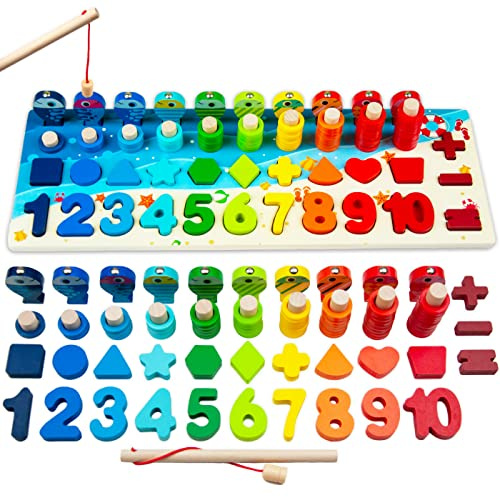 Faerly® Montessori jouet jeu de pêche magnétique - puzzle en bois poisson jouets éducatifs jouets en bois motricité jouets pour enfants de 2 3 4 5 6 ans puzzle arc-en-ciel pêche jouets pour enfants