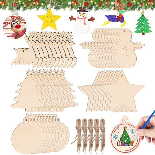 50 Piezas Adornos Árbol de Navidad de Madera, Decoraciones Navideñas Colgantes, para Colgar en Astillas de Madera en Blanco Con Cuerda, Manualidades