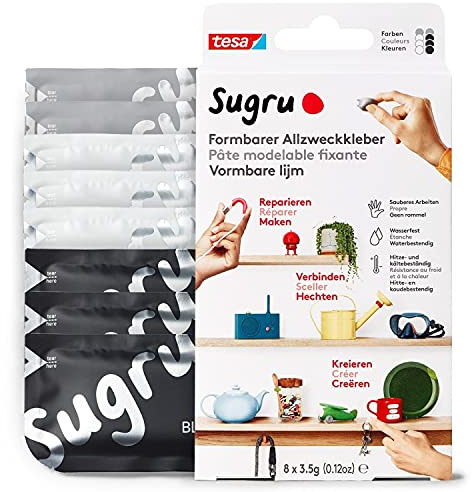 Sugru by tesa - Formbart lim, 8-pack, 8 x 3,5 g, Svart, Vit & Grå - mångsidigt lim - för reparation, limning och fastsättning utan borrning