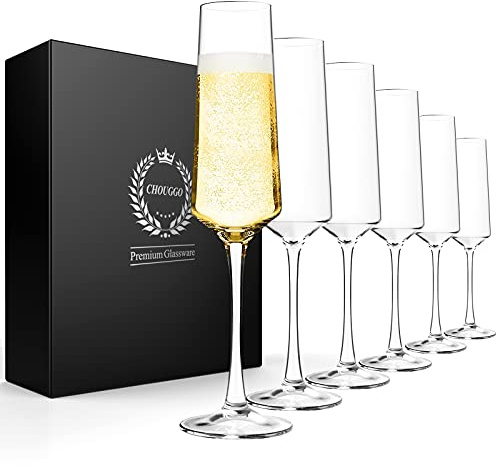 Generic Chouggo Champagne Flutes Set of 6 Hand Blown Crystal Champagne Glasses Hand Crafted by Artisans Premium Crystal Gift for Birthday 8oz Clear 6 Count Pack of 1 CG 01
