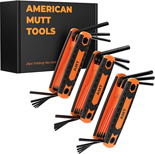 AMERICAN MUTT TOOLS Juego de llaves Allen plegables de 25 piezas y juego de llaves de estrella – Incluye juego de llaves Allen de estrella, SAE y métricas – Juego de llaves hexagonales plegables,