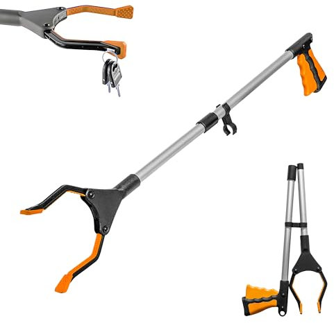 Crust-Pro Litter Picker, 32 Long Arm Foldable Litter Grabbers for Disabled & Adults, Heavy Duty Rubbish Picker with Embedded Magnet, Lightweight Rotating Jaws Grabber Stick Reaching Aids (Orange)