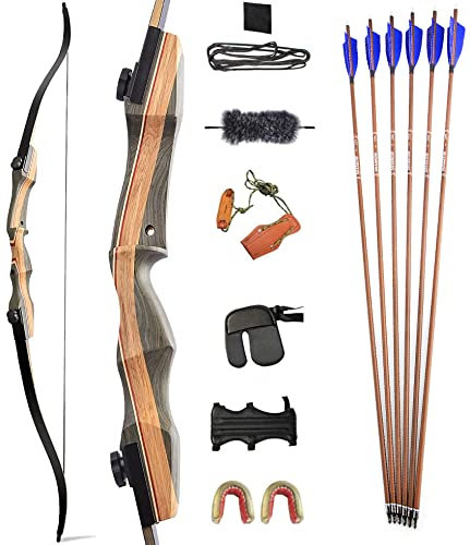 AMEYXGS 62 Zoll Takedown Recurvebogen Set Erwachsene Bogenschießen Jagdbogen mit Carbonpfeile und Zubehör 30-50lbs für Anfänger Traditionell Holzbogen Longbogen (Typ 2, 35lbs)