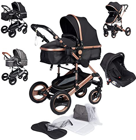 Bronea EXQUISE Kombi-Kinderwagen 3 in 1 INKL. MATRATZE | FARBAUSWAHL | Buggy, Auto-Babyschale, Zusammenklappbar mit Wickeltasche, Regenschutz, Mückenschutz & Sonnenschutz, Farbe:schwarz/champagne