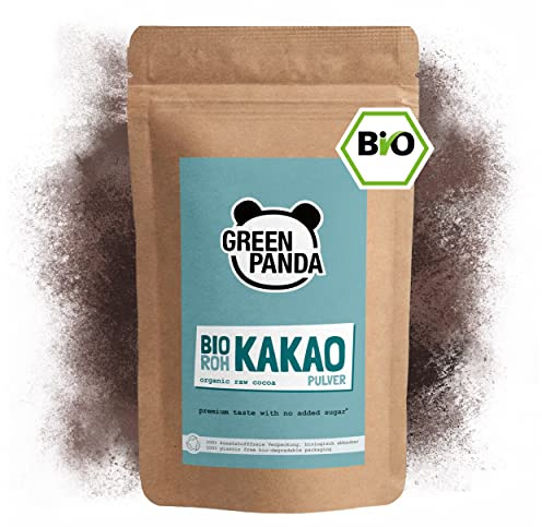GREEN PANDA® BIO Rohkakao aus Premium Kakaobohnen | Bio Kakaopulver stark entölt und zuckerfrei | Kakao ohne Zucker für Trinkschokolade, Shakes, Desserts, zum Backen oder ins Müsli | 1kg