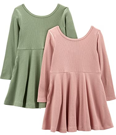 Simple Joys by Carter's 2-Pack Stretch Rib Dresses Vestito, Verde Oliva/Rosa, 3 Anni (Pacco da 2) Bambina