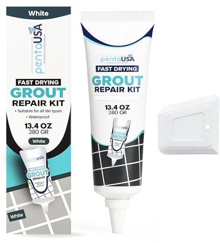 PentaUSA Tile Grout Repair Kit - White Premixed Acrylic Sanded Grout, Water-Resistant Grout Filler for Bathroom&Shower, Kitchen Floor, Fast Drying, with Applicator, 13.4 oz (380g)
