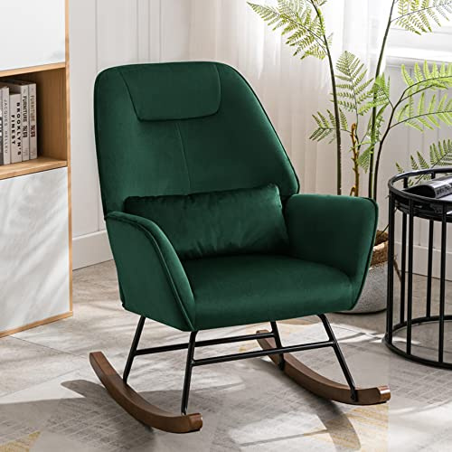 Fauteuil à Bascule en Velours Rembourré avec Support Lombaire, Conception de Protège-Cou, Fauteuil Allaitement à Structure en Métal, Chaise a Bascule pour Salon, Balcon, Chambre d'enfant, Vert Foncé