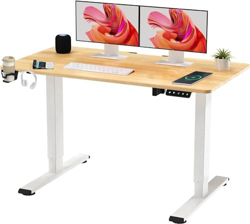 SANODESK 110 * 60 Electric Standing Desk ONE PIECE Height Adjustable Standing Desk With Memory Smart Panel Sit Stand Table With Hooks and Cupholder for Home Office (White Frame+ Maple Desktop)